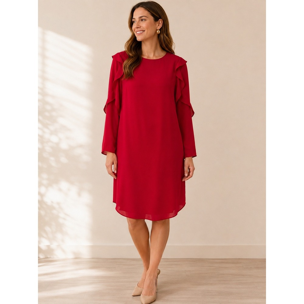 Amanda Uprichard Red Ruffle Long Sleeve Shift Dress Size P Petite Lined USA